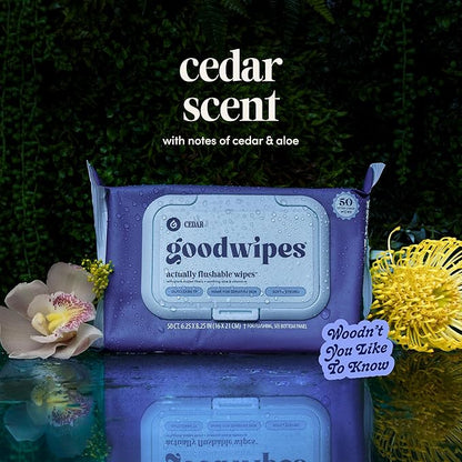 goodwipes Flushable Butt Wipes - Vitamin E & Aloe - Sewer & Septic Safe - Extra Large Adult Wet Wipes For Women & Men - Bathroom Essentials - Cedar, 318 Count (6 Packs + 1 Travel)