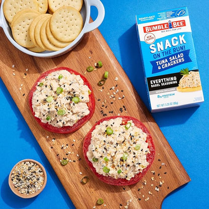 Bumble Bee Snack On The Run Everything Bagel Seasoning Tuna Salad With Crackers Kit, 3.35 oz - Ready To Eat, Spoon Included - Wild Caught Tuna - Shelf Stable & Convenient Protein Snack (Pack of 4)