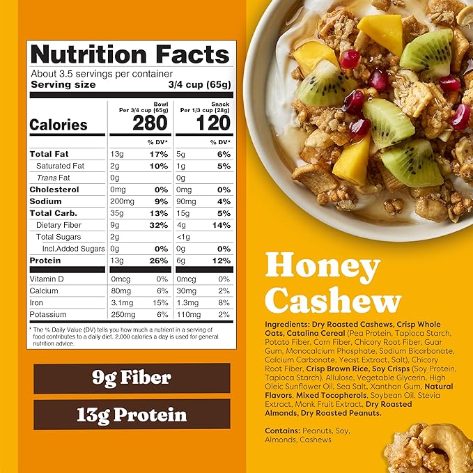 Catalina Crunch Protein Granola - Low Sugar Breakfast Cereal with 13g of Protein - Gluten Free, Keto Friendly - Honey Cashew - 8 oz. Bag (Pack of 3)