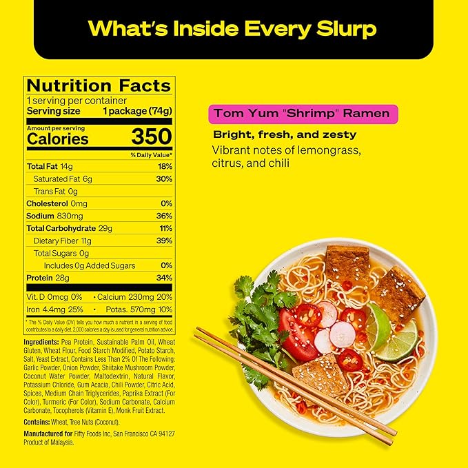 immi Tom Yum “Shrimp” Ramen – Bright, Zesty Flavor with More Protein – Vegan, High Protein Ramen Noodles – Low Carb, Zero Sugar – Healthy Keto-Friendly Ramen Bowl, 6-Pack