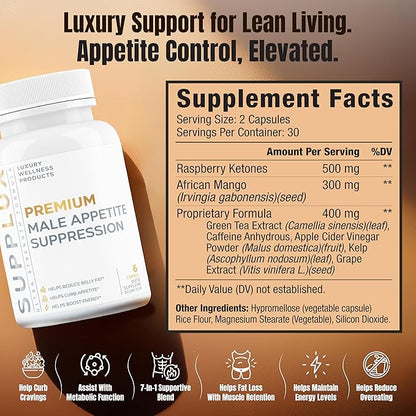 PREMIUM Male Appetite Suppressant - Weight Loss Pills, Fat Burner for Men, GLP-1 Pathway Support - Can Help Sustain Muscle While Burning Fat - Powerful Fat Burning Assistance- 60 Capusles