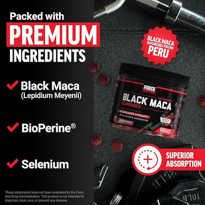 Force Factor Black Maca Gummies for Men & Women, Boost Energy, Strength, Drive & Vitality, BioPerine & Selenium for Superior Absorption, Peruvian Black Maca Root Extract, Passion Berry, 60 Gummies