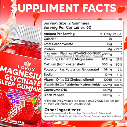 Lofux Magnesium Glycinate Gummies 400mg, Sugar Free Magnesium Gummies for Adults Women, Men, Chewable Supplement Gummy with L-Threonate, Vitamin D, B6, CoQ10 - for Calm, Sleep, Body Relaxation, 60 Ct