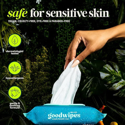goodwipes Flushable Butt Wipes - Vitamin E & Aloe - Sewer & Septic Safe - Extra Large Adult Wet Wipes For Women & Men - Toilet Essential - Botanical Bliss, 153 Count (3 Packs + 3 Individually Wrapped)
