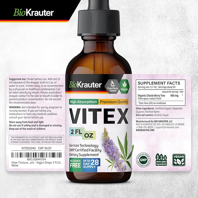 BIO KRAUTER Vitex Chasteberry Supplement for Women & Menopause Support* - 2 Fl.Oz 28 Days of Supply - Pure Vegan Vitex Berry Tincture - Alcohol & Sugar Free, Non-GMO - Relaxation & Women's Wellness