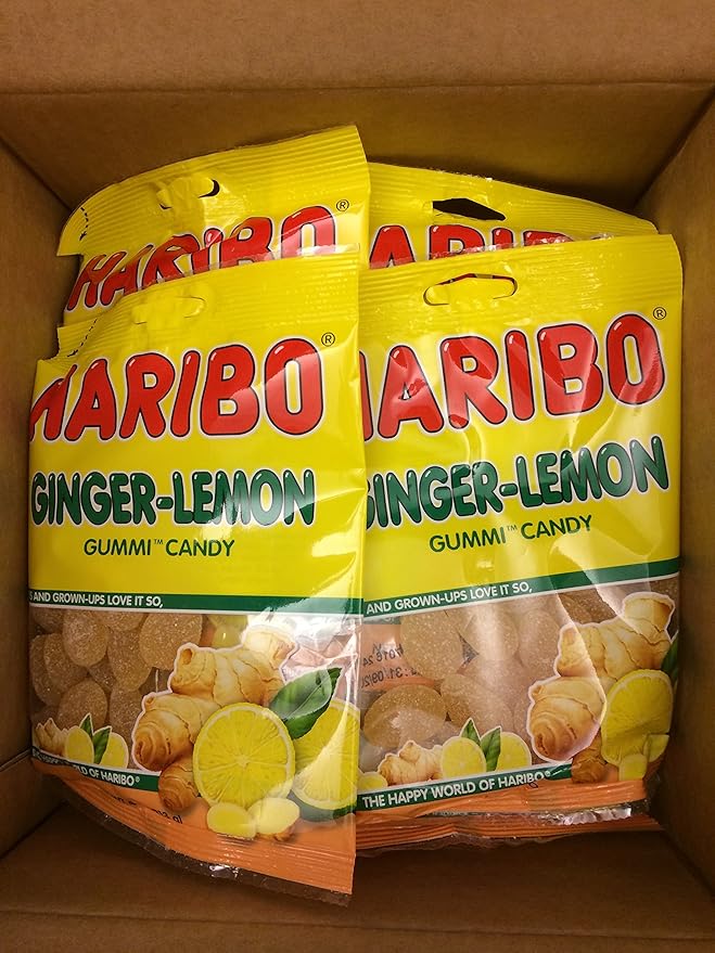 HARIBO Gummi Candy, Ginger-Lemon Gummy Candy, 4 Ounce Share Size Bags (Pack of 12) Delicious Soft & Chewy Sweet Snacks, Zesty Lemon & Warm Ginger Flavor