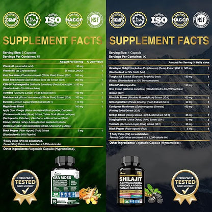 Shilajit 9000mg, Sea Moss 17500mg, Ginger & Black Seed Oil 4000mg, Ashwagandha 5000mg, Rhodiola Rosea, 1000mg Panax Ginseng 1500mg, All in 1 Supplement - Sea Moss & Shilajit Vitality Bundle