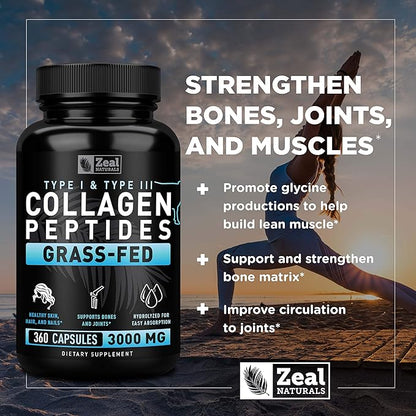 Collagen Peptides Capsules 360 Count - Grass Fed Bovine Hydrolyzed Collagen Pills - Hair, Skin & Nails, Joint Support - Collagen Supplements for Women & Men