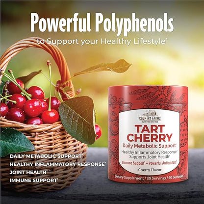 Country Farms Tart Cherry Gummies, Dialy Metabolic Support, Supports Bone Health, Packed with Potent Antioxidants, Cherry Flavor, 60 Gummies
