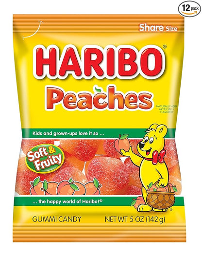 HARIBO Gummi Candy, Peaches Gummy Candy, 5 Ounce Share Size Bags (Pack of 12) Delicious Soft & Chewy Sweet Snacks, Fruity Peach Flavor