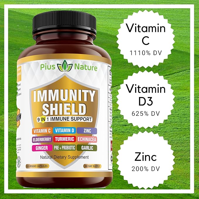 9-in-1 Immune Support Vitamin C (1000mg), Vitamin D3 (5000 IU), Zinc(22mg) with Elderberry, Turmeric, Echinacea, Ginger, Garlic and Pre+Pro-Biotic per Serving (120 caps per Bottle - 2 Month Supply)
