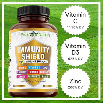 9-in-1 Immune Support Vitamin C (1000mg), Vitamin D3 (5000 IU), Zinc(22mg) with Elderberry, Turmeric, Echinacea, Ginger, Garlic and Pre+Pro-Biotic per Serving (120 caps per Bottle - 2 Month Supply)