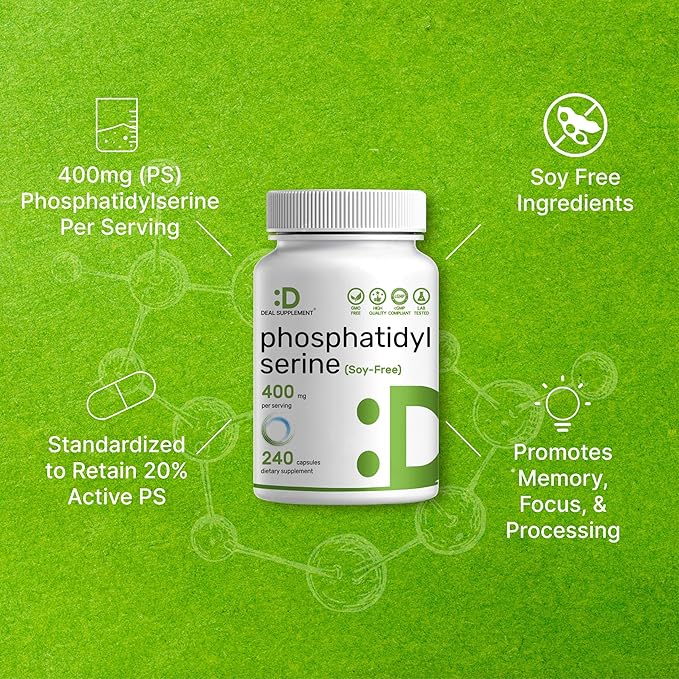Phosphatidylserine Supplement, 400mg Serving, 240 Capsules – Soy Free Sunflower Lecithin Source