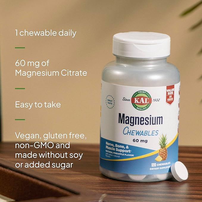 KAL Magnesium Chewables - Magnesium Citrate for Nerve, Muscle, and Bone Support - No Added Sugar, Vegan Magnesium Supplement - 60-Day Guarantee - Pineapple Flavor - 120 Servings, 120 Chewable Tablets