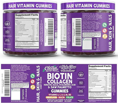 Clean Nutra Biotin Gummies | Collagen, Hyaluronic Acid, Keratin Hair Vitamins Supplement - Hair Growth Support, Skin & Nails - Vitamins C, D, E, B6 & B12 - US Made for Women & Men | 60 Gummy Count