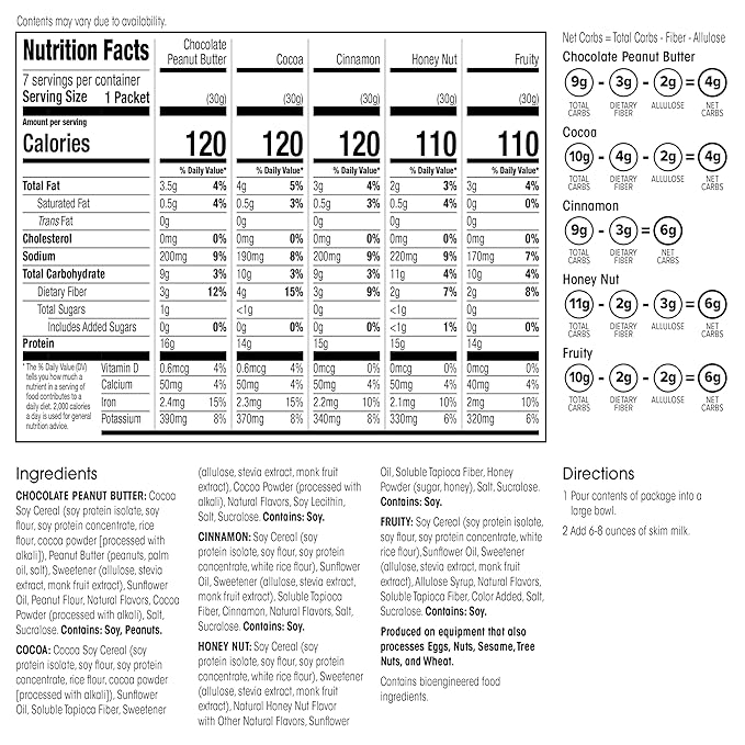 WonderSlim Protein Cereal, Variety Pack, Low Sugar, Gluten Free, Keto Friendly & Low Carb (7ct)