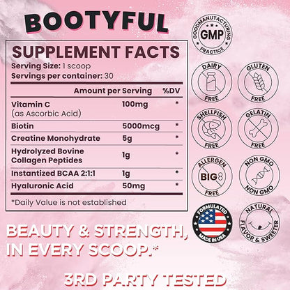 Creatine for Women – Booty Builder – Packed with Collagen, Biotin, BCAAs, Hyaluronic Acid, Vitamin C & Creatine Monohydrate Powder – Lean Muscle & Skin Hydration Support – Pink Lemonade, 30 Servings