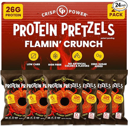 CRISP POWER Protein Pretzels, NEW Flamin' Crunch, 26G Protein, High Protein Snack, High Fiber, Low Carb Crunchy Pretzel Snacks, No Added Sugar, 1.75 oz Bags, 24 Pack, Vegan, Keto