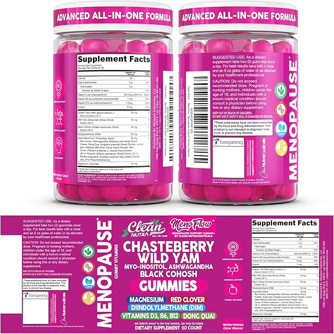 Clean Nutra Menopause Supplements for Women Chastberry Wild Yam Gummies Inositol Black Cohosh Magnesium Red Clover DIM Supplement B6 Magnesium Glycinate Glycine Vitex Hormone Balance Gummy Vitamins