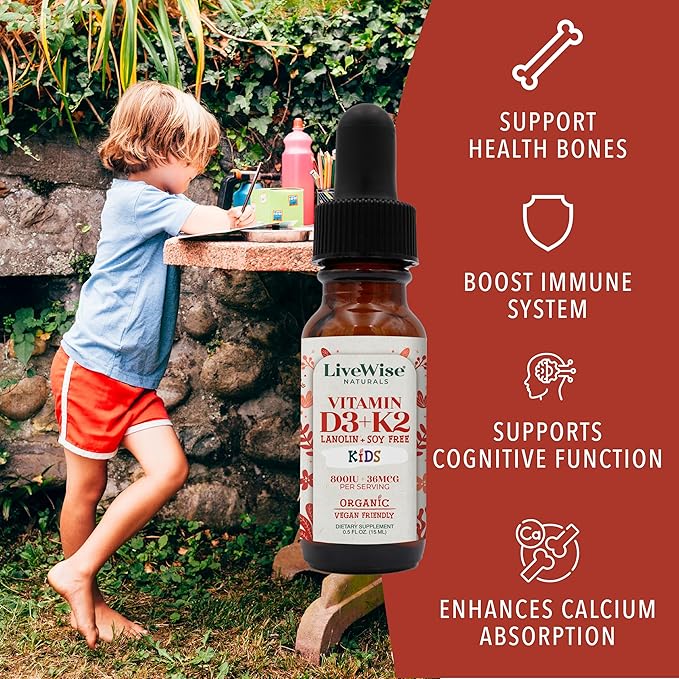 Live Wise Naturals Vitamin D3 K2 Kids Liquid Drops - 112 Servings, Ultra Concentrated Formulation, Fast Absorption 800 IU & 35 MCG for Calcium & Bone Support - Daily Nutritional Support Parents Trust