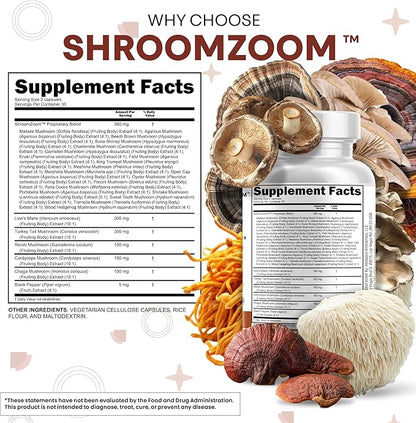 Clean Nutraceuticals Lions Mane 20in1 Mushroom Supplement with Turkey Tail Reishi Cordyceps Chaga Maitake Meshima Poria Cocos Shiitake Oyster Porcini Enoki - 2Pack