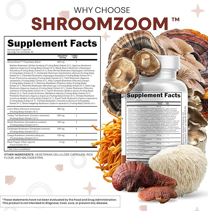 Clean Nutraceuticals Lions Mane 20in1 Mushroom Supplement with Turkey Tail Reishi Cordyceps Chaga Maitake Meshima Poria Cocos Shiitake Oyster Porcini Enoki (5)