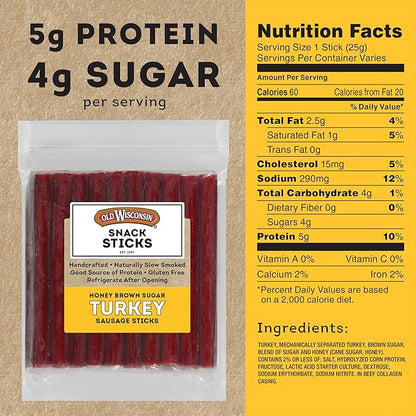 Old Wisconsin Honey Brown Sugar Turkey Sausage Snack Sticks, Naturally Smoked, Ready to Eat, High Protein, Low Carb, Keto, Gluten Free, 28 Ounce Resealable Package