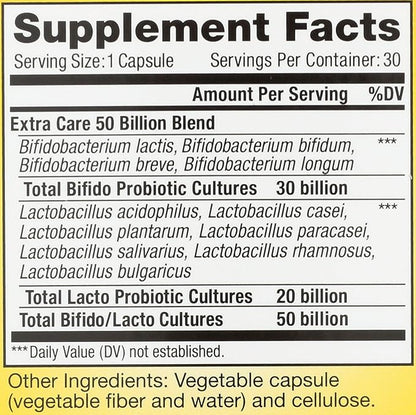 Renew Life Extra Care Digestive Probiotic Capsules, 50 Billion CFU Guaranteed, Daily Supplement Supports Immune, Digestive, Respiratory Health(1), L. Rhamnosus GG, Dairy, Soy and Gluten-Free, 30 Count