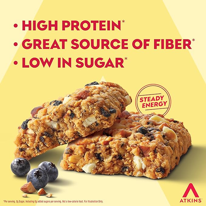 Atkins Soft Baked Protein Bars, Blueberry, 15g Protein, 4g Net Carbs, 2g Sugar, Excellent Source of Fiber, High in Protein, 6 Packs (4 Bars Each)