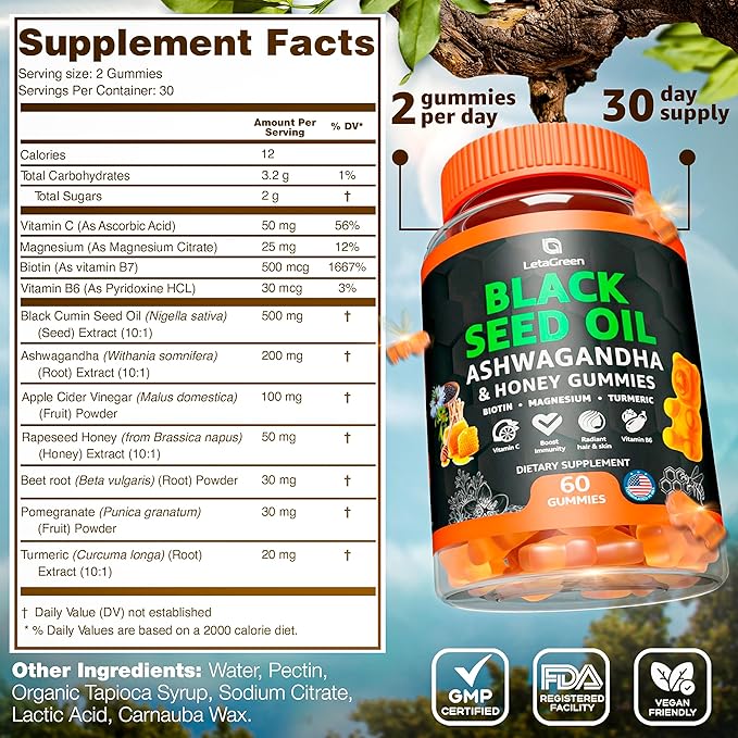 Black Seed Oil Gummies 500mg with Ashwagandha & Apple Cider Vinegar - Immune & Wellness Support Supplement with Vitamin C, Biotin, Turmeric - 60 Organic Gummy Bears for Hair & Skin