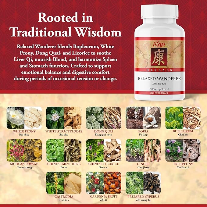 Kan Herbs Relaxed Wanderer Tablets – Traditional Chinese Herbal Blend with Dong Quai, White Peony & Bupleurum to Support Liver Qi Balance & Digestive Harmony, Xiao Yao San Formula, 300 Tablets