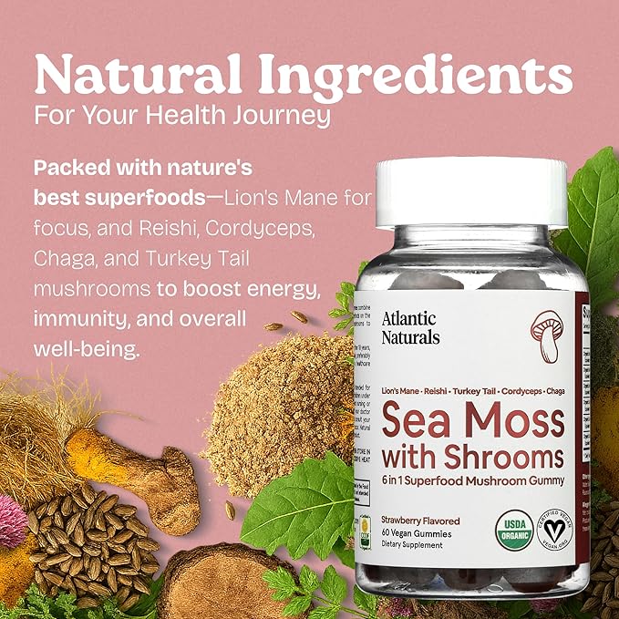 Atlantic Naturals Sea Moss Gummies with Lions Mane Mushroom | Sea Moss Gel Alternative with Irish Sea Moss Reishi, Cordyceps Chaga & Turkey Tail Supplement | Helps Immunity Energy & Focus | 60 Gummies