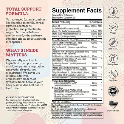 Total Menopause Formula 17-in-1 Support Supplement for Women with Ashwagandha, Black Cohosh, Maca, Probiotics, Vitamins D3, B6, B12 for Balance, Vitality & Mental Clarity | 60 Capsules