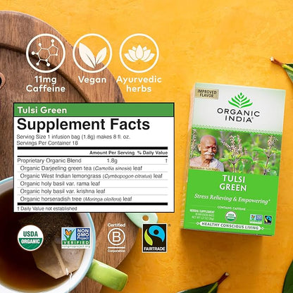 ORGANIC INDIA Tulsi Green Tea Bags - Holy Basil Tea, African Basil, Stress Relieving, Immune Support, USDA Certified Organic, Premium Darjeeling Green Tea, Caffeinated - 18 Infusion Bags, 1 Pack