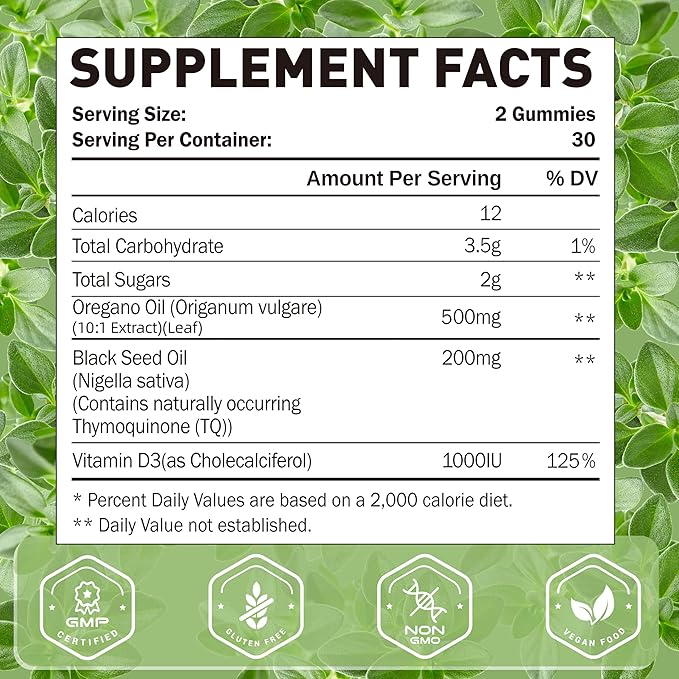 Oregano Oil Gummies, 3-in-1 Oil of Oregano with Black Seed Oil Gummies, Organic Oregano Chewable Supplements with Vitamin D3-60 Counts