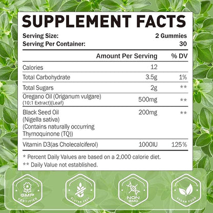 Oregano Oil Gummies, 3-in-1 Oil of Oregano with Black Seed Oil Gummies, Organic Oregano Chewable Supplements with Vitamin D3-60 Counts