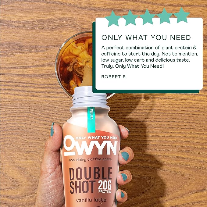 OWYN Only What You Need Double Shot Vanilla Latte Flavored Protein Shake, 20g Protein, 0g Sugar, 3g Fiber, 180mg Caffeine, Dairy Free, Plant Based Protein Drink, 12 Count