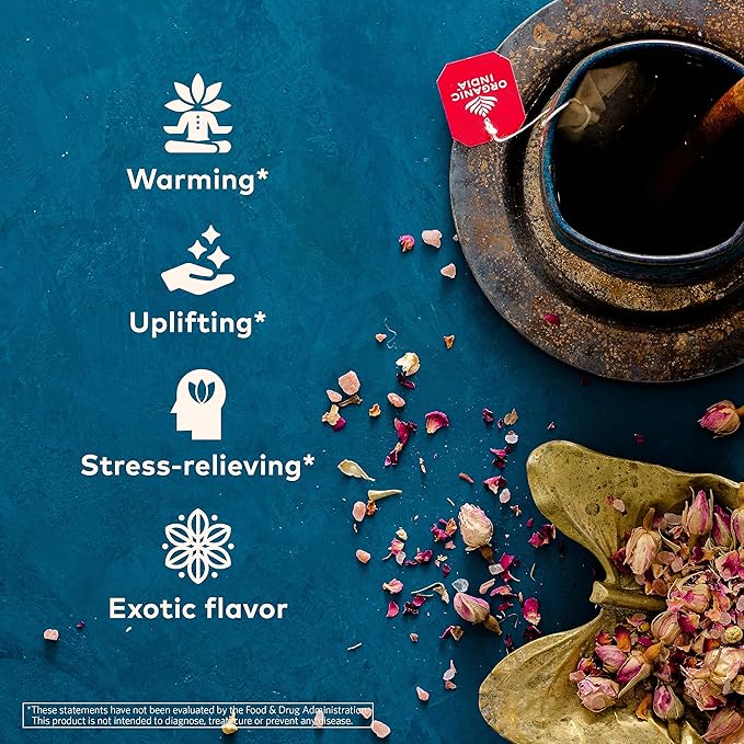 ORGANIC INDIA Tulsi Cinnamon Rose Tea Bags - Tulsi Rose, Cinnamon with Holy Basil, Chamomile, Stevia, USDA Certified Organic Caffeine Free Herbal Tea - 18 Infusion Bags, 2 Pack