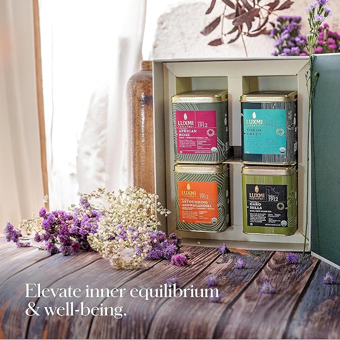 Luxmi Estates - Tea Set - Energy and Balance - 4 Packs with Organic Green, Jasmine, Ashwagandha and Hibiscus Rose Tea