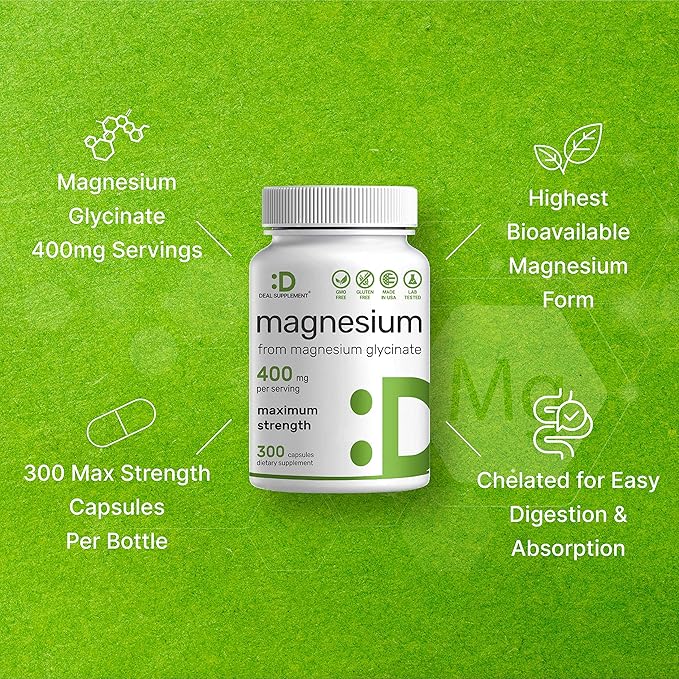 Magnesium Glycinate 400mg, 300 Capsules | 100% Chelated for Easy Absorption | Essential Mineral Supplement for Muscle, Sleep, & Heart Health*