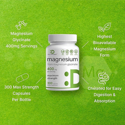 Magnesium Glycinate 400mg, 300 Capsules | 100% Chelated for Easy Absorption | Essential Mineral Supplement for Muscle, Sleep, & Heart Health*