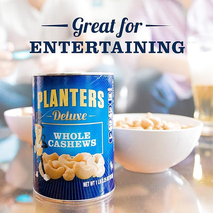PLANTERS Deluxe Salted Whole Cashews,Party Snacks,Plant-Based Protein,Quick Snack for Adults,After School Snack,Roasted Cashew Flavored with Sea Salt,Bulk Nuts,Kosher,1 lb 2.25oz Canister,(Pack of 4)